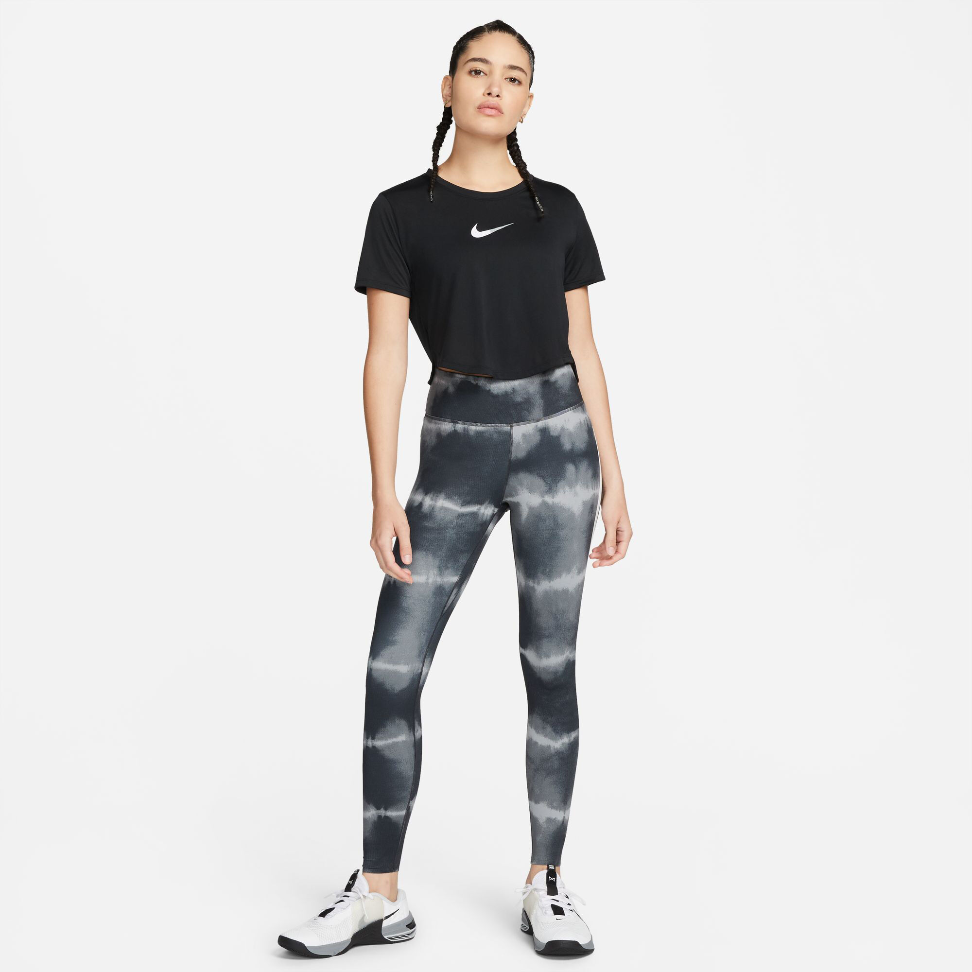 Nike Dri Fit One Luxe Mid Rise All Over Print Tight Dames Zwart Grijs online kopen Running Point NL